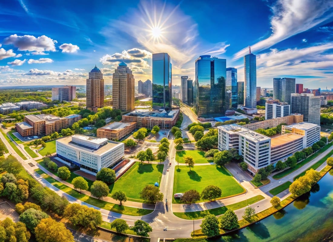Plano, TX - Aerial View of Plano Texas City Skyline Under Bright Blue Sky