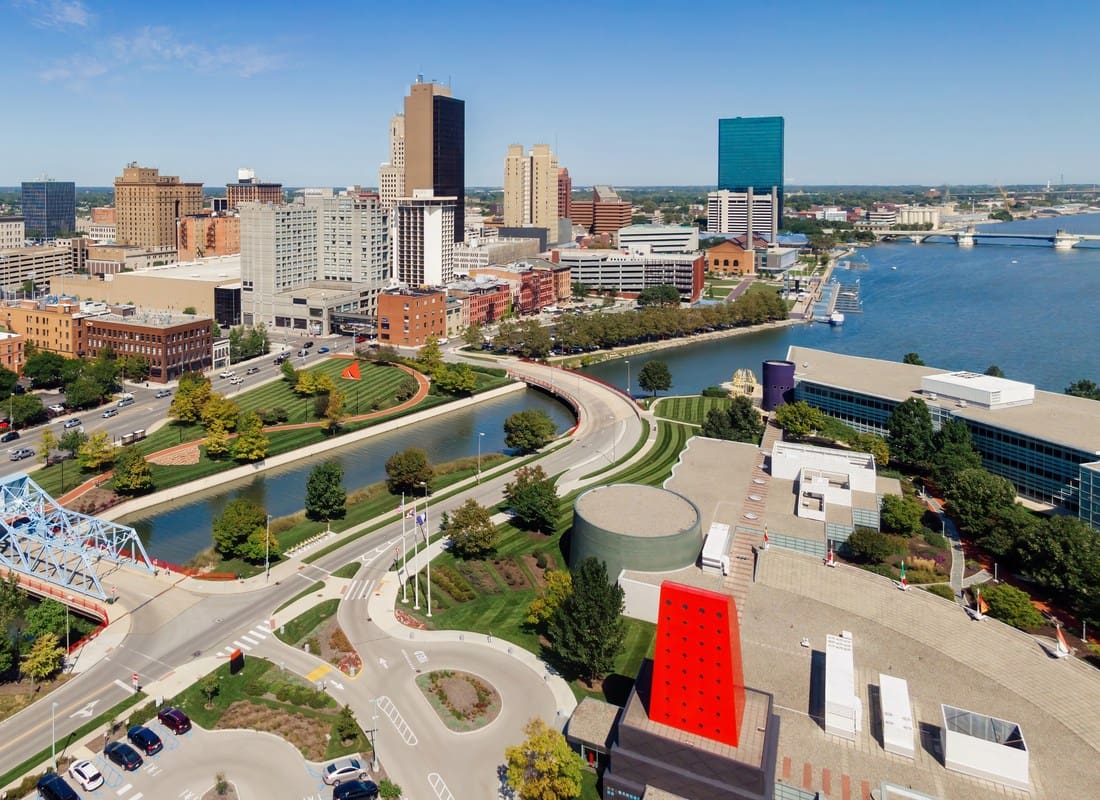 Toledo, OH - Aerial View of Downtown Toledo Ohio with Maumee River and Historic Blue Bridge